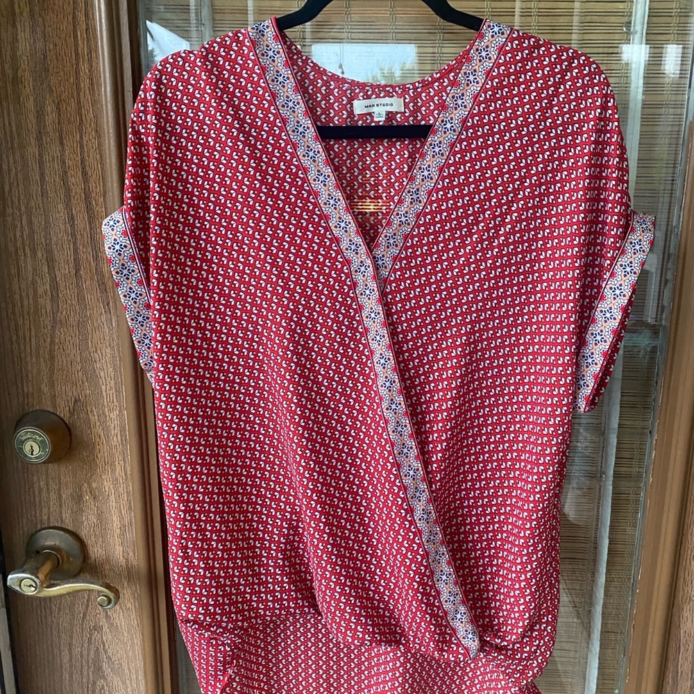 Max Studio Red Printed Wrap-Style Blouse